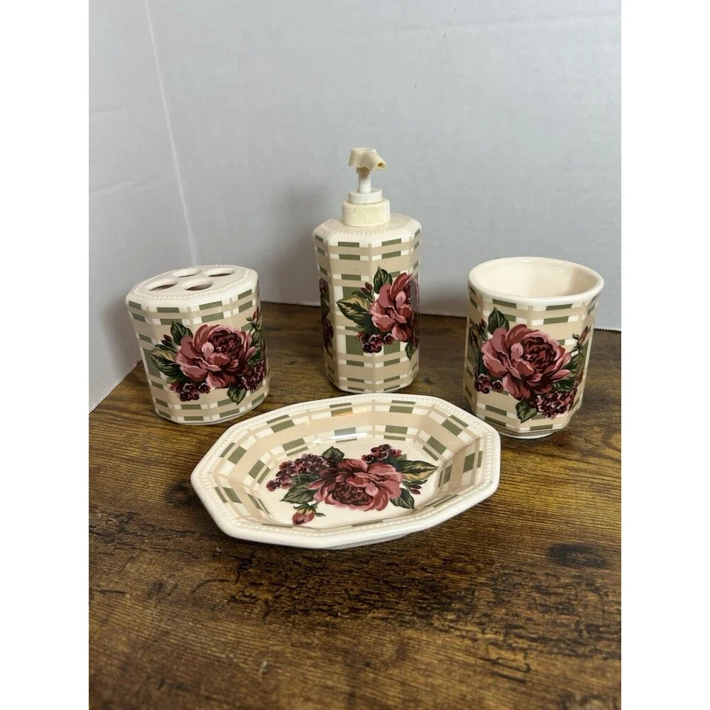 Vintage Water Works Co Floral Rose 4 Pc Ceramic Bathroom Vanity Set Cottagecore
